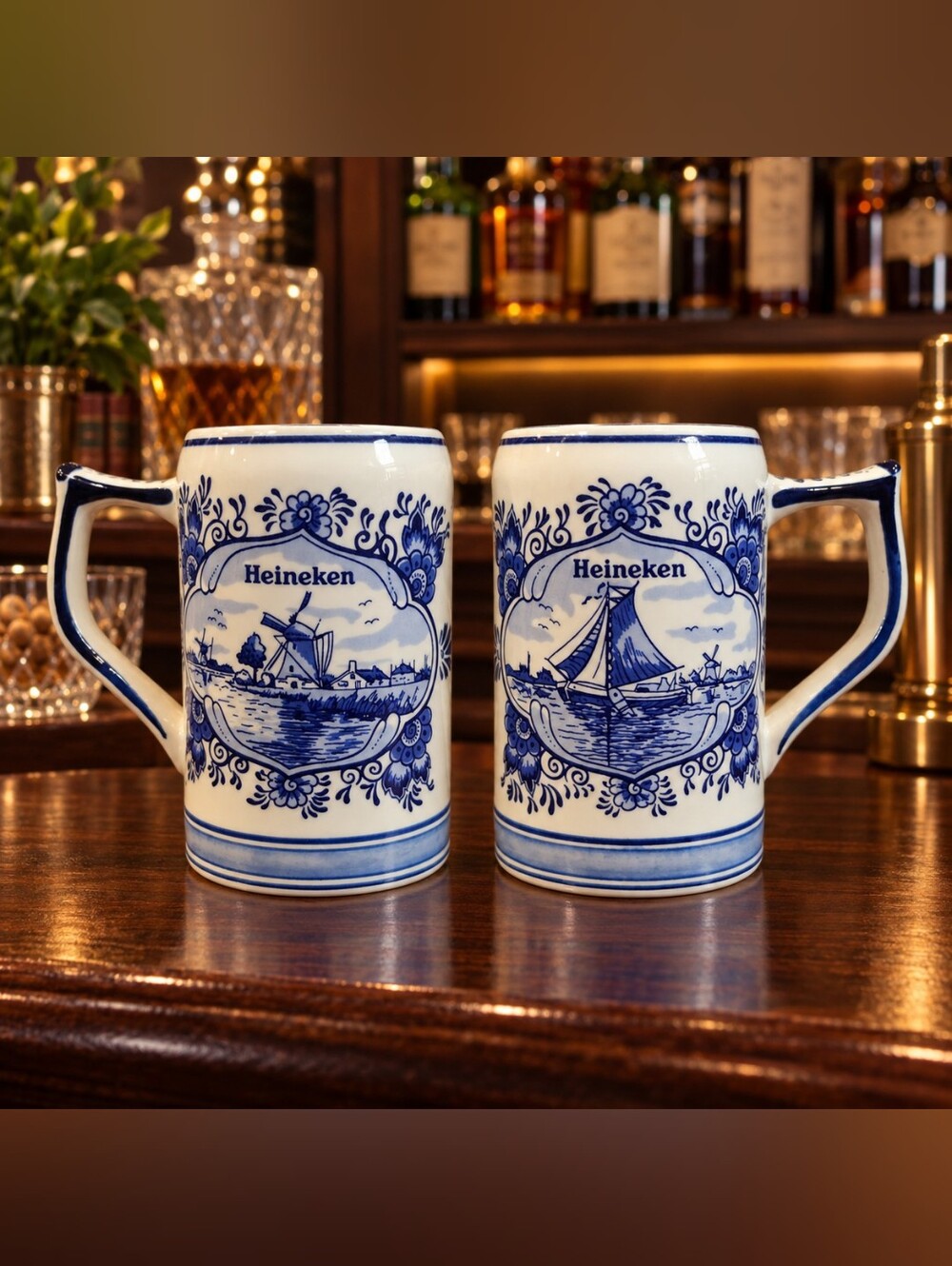 Vintage 1980 Heineken Hand-painted Delft Blue Ceramic Beer Mug Dutch Windmill